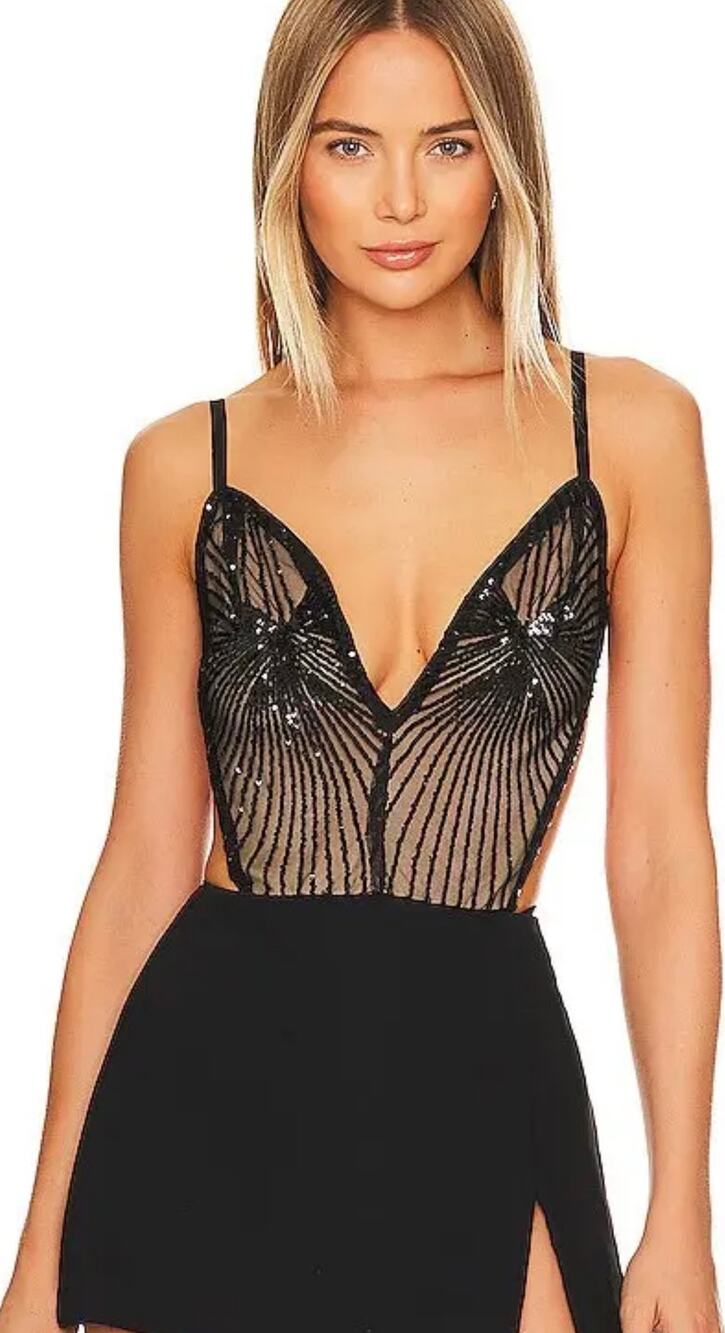superdown Lucinda XS Black Sequin Bodysuit Strappy Cutout Party Cocktail NWT